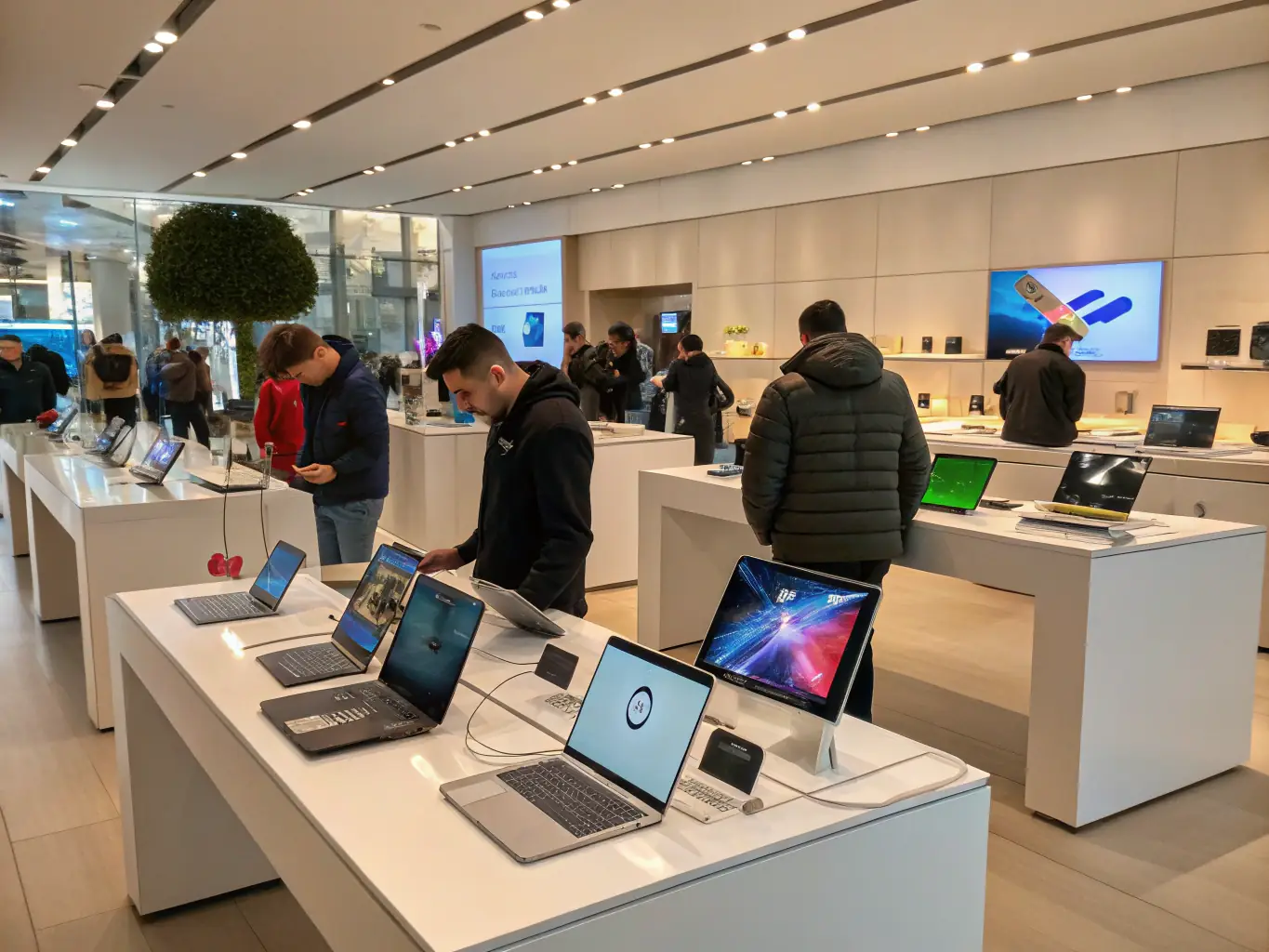 A modern cell phone retail store with a variety of smartphones on display, showcasing a bustling and successful business environment.