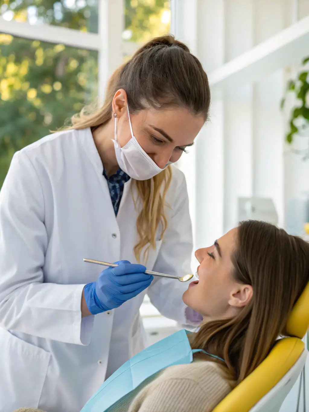 A dentist smiling confidently while examining a patient, symbolizing improved patient care through Mulah's funding.