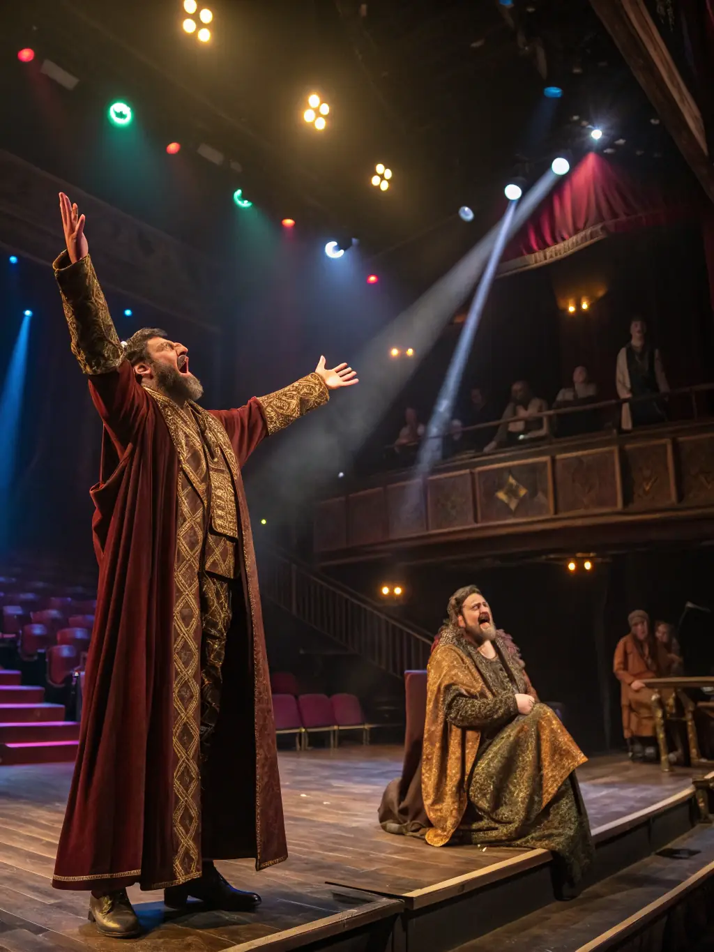 A captivating image of a theater performance, with actors on stage and the audience engrossed in the story, illustrating the financial requirements of theatrical productions.