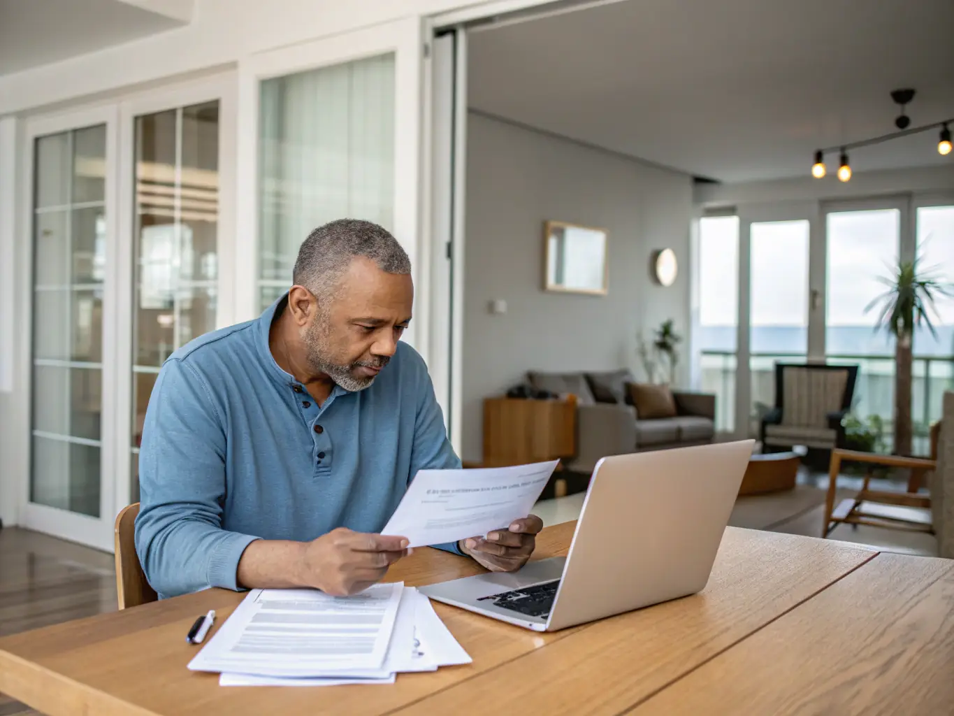 A professional businessman in a suit is filling out an online application form on his laptop in a modern office setting, with a focus on ease of use and efficiency.