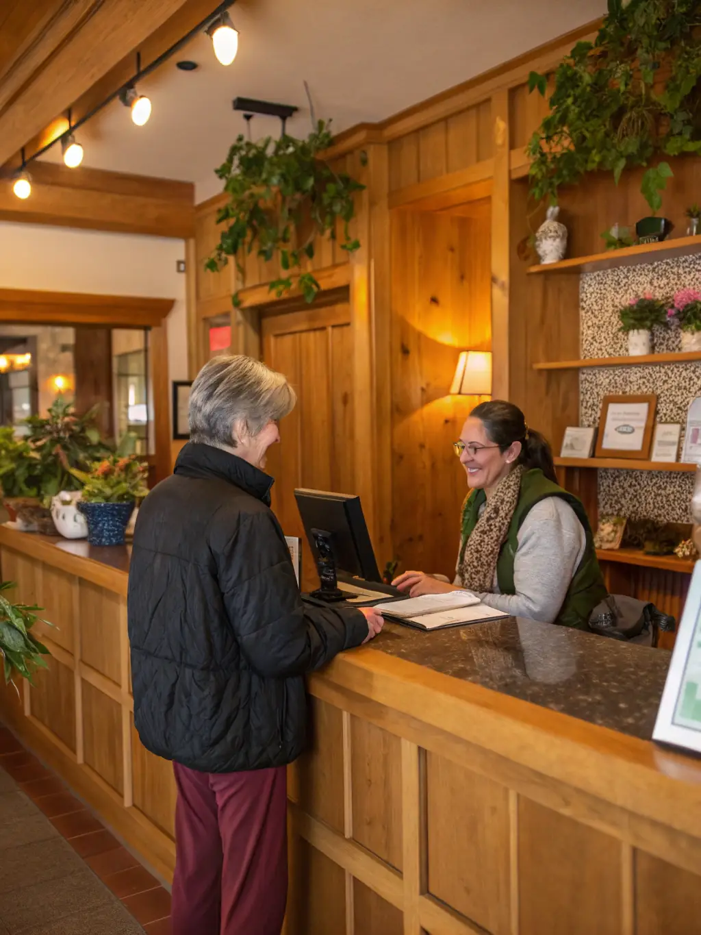 A well-managed hotel front desk with staff efficiently handling guest check-ins and requests, showcasing the use of funding for working capital.