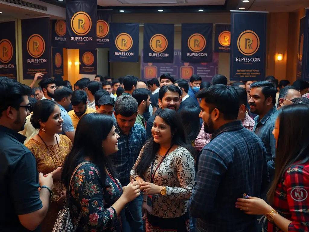 A diverse group of coin collectors and dealers collaborating and networking at a coin convention, emphasizing community and shared knowledge.