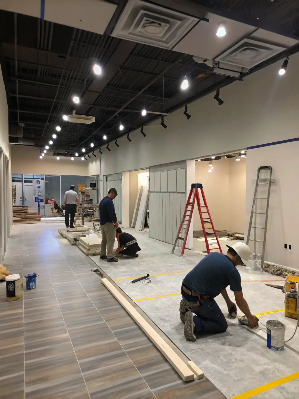 A modern hotel lobby with construction workers renovating the reception area, new furniture being installed, bright and inviting atmosphere, showcasing the use of funding for hotel renovations.