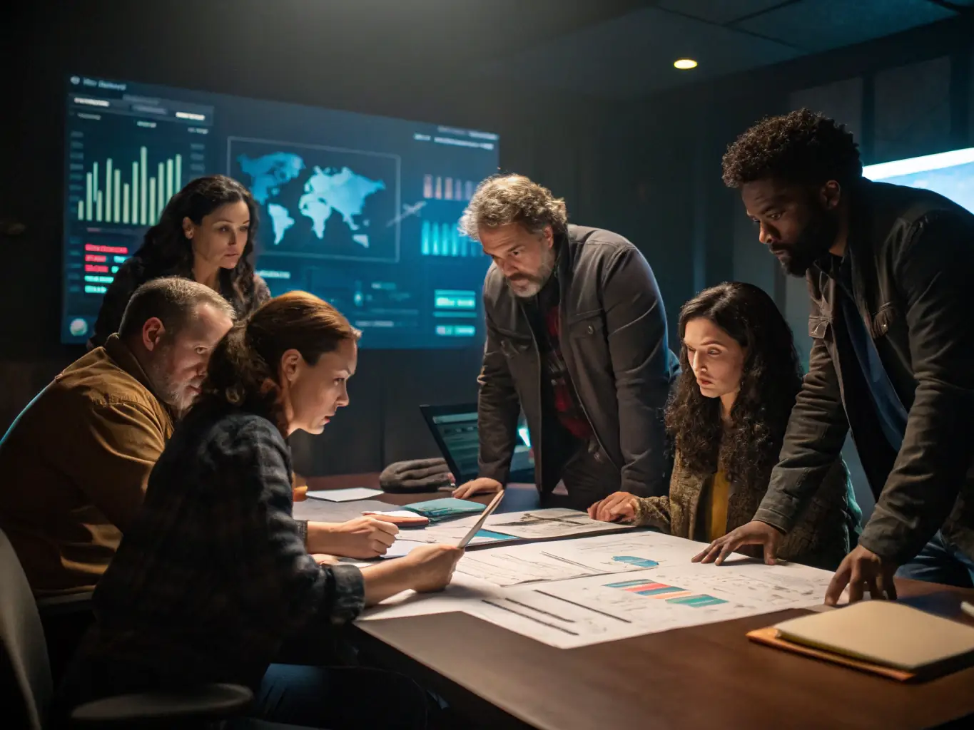 A professional collection agency team collaborating in a modern office setting, reviewing financial documents and discussing funding strategies.