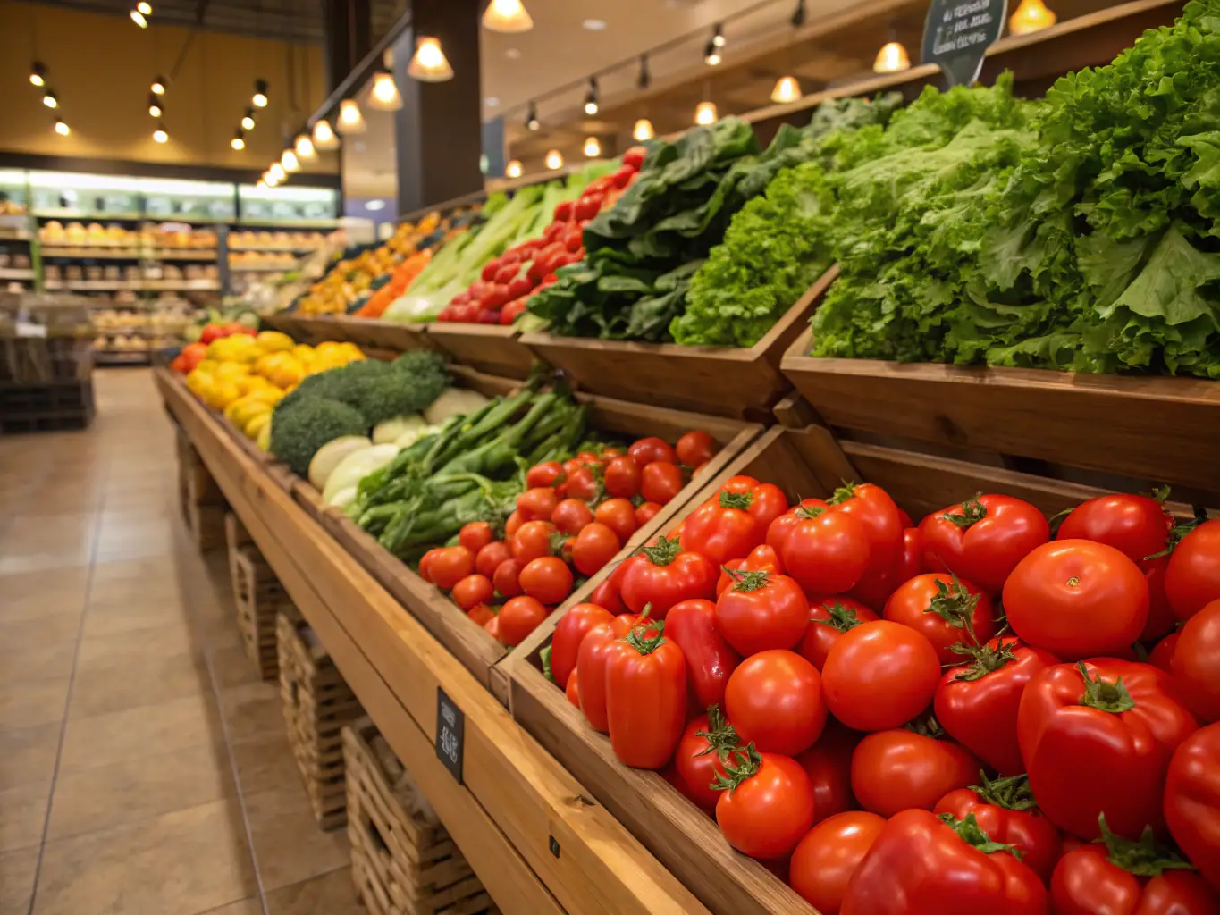A brightly lit, modern grocery store aisle filled with fresh produce, showcasing a variety of colorful fruits and vegetables, symbolizing the potential for growth and success with the right funding.