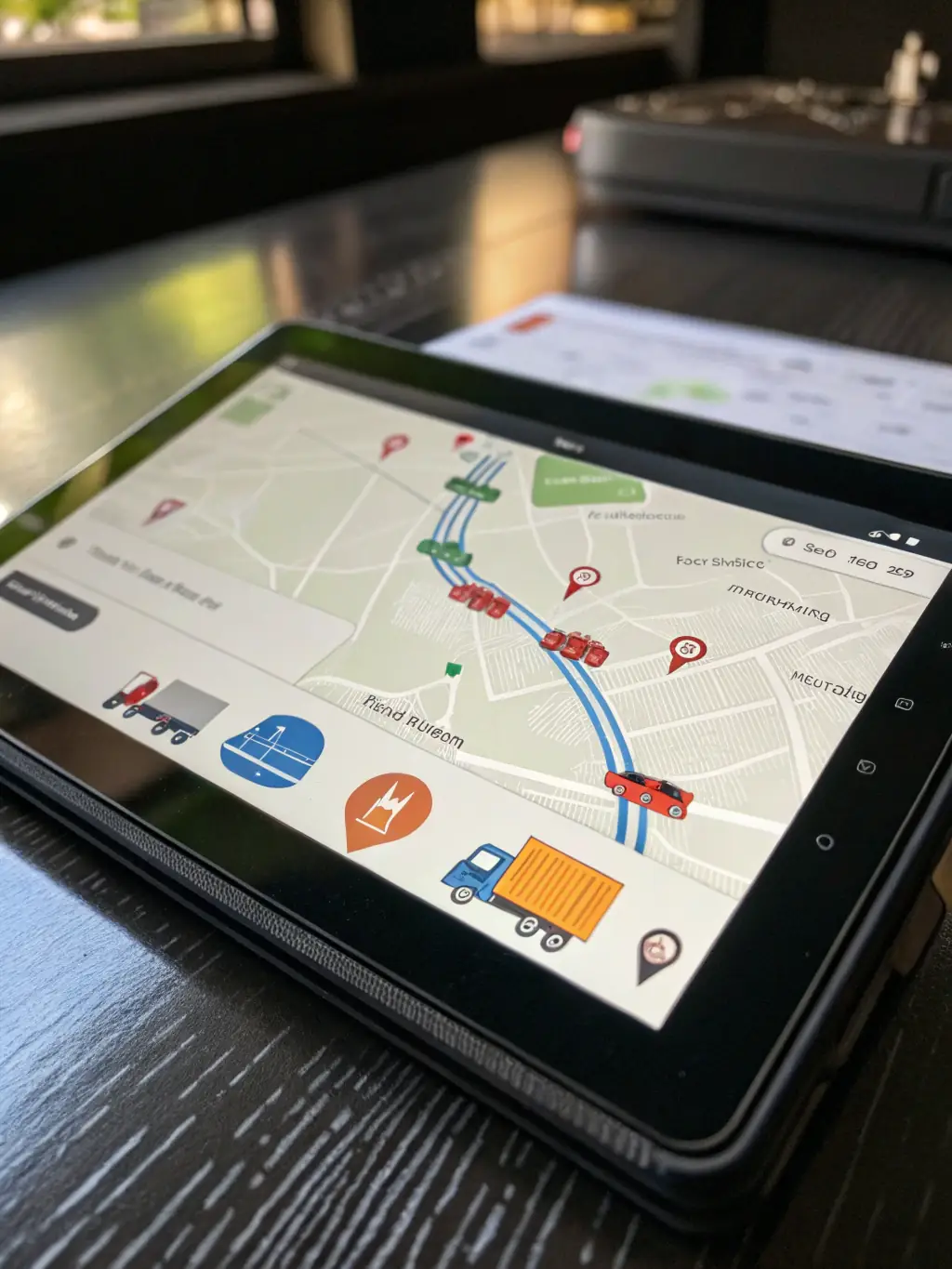 A close-up of a GPS device and dispatch software on a tablet, representing technology upgrades for efficient delivery management.