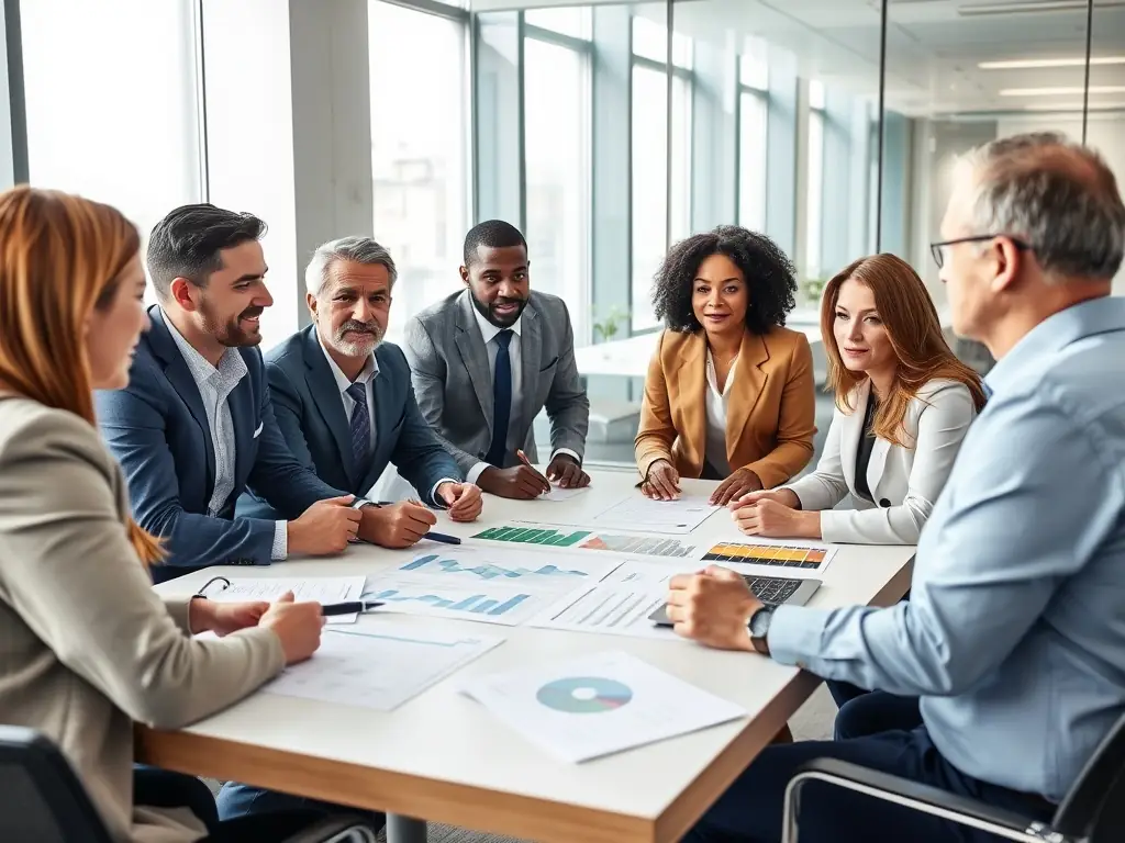 A professional photograph of a diverse team of OnDeckClone financial advisors collaborating in a modern office setting, symbolizing trust and expertise.