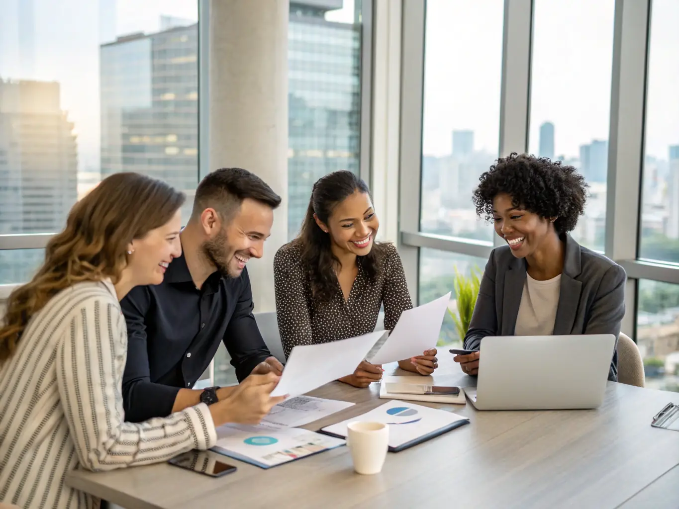 A diverse team of consultants collaborating in a bright, open workspace, representing the collaborative and supportive environment fostered by Mulah.com's funding solutions.