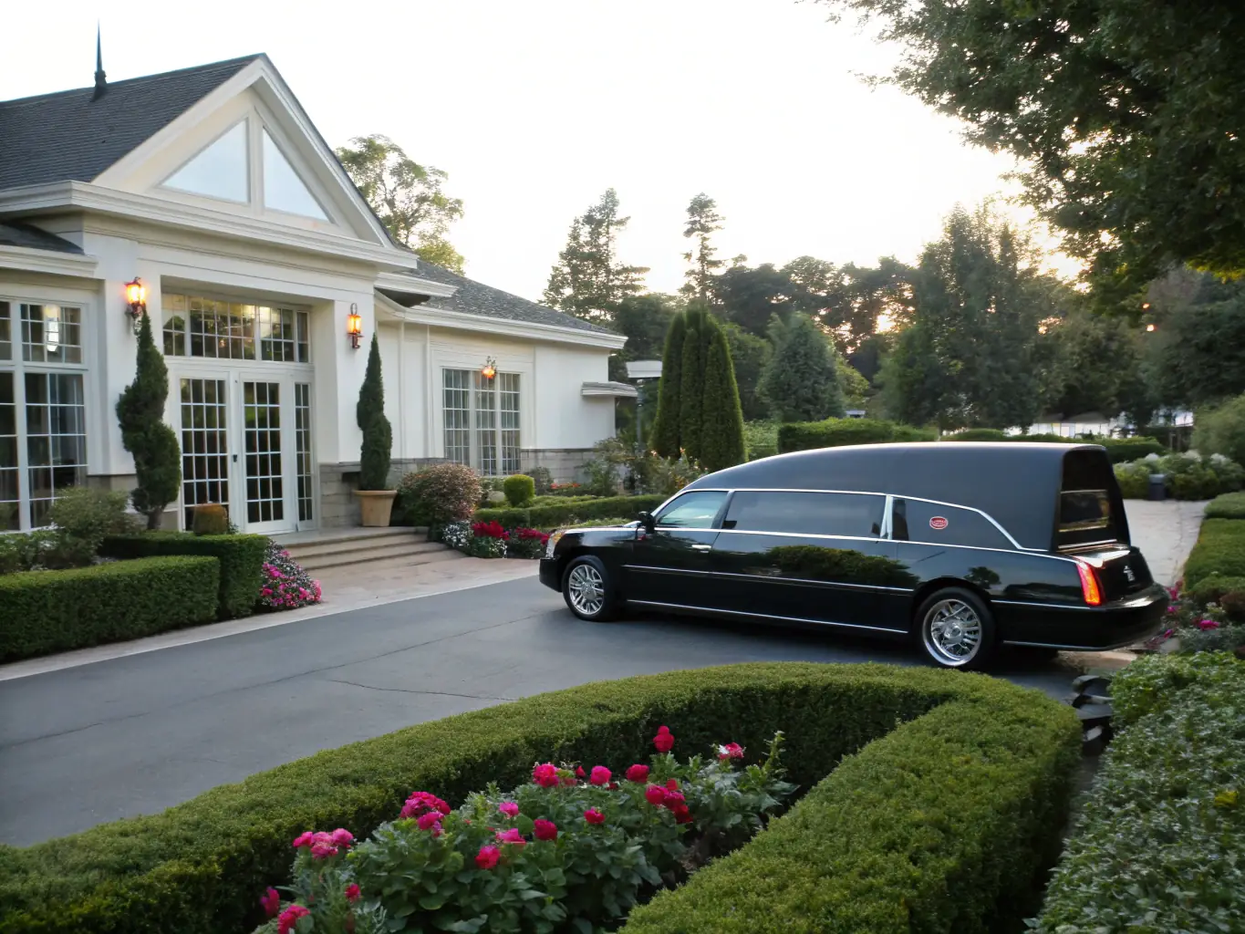 A modern funeral home with a well-maintained hearse parked outside, symbolizing the ability to upgrade facilities and equipment with Mulah's funding.