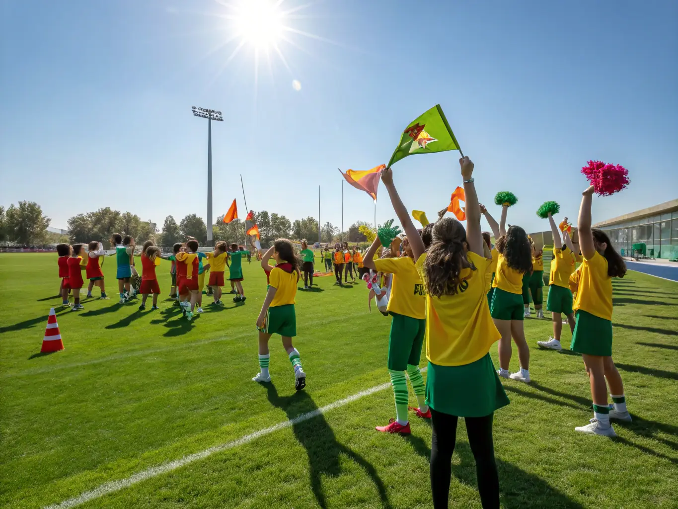 A vibrant image of a diverse group of young athletes celebrating a victory on a sports field, symbolizing the success and potential that funding can unlock for sports clubs.