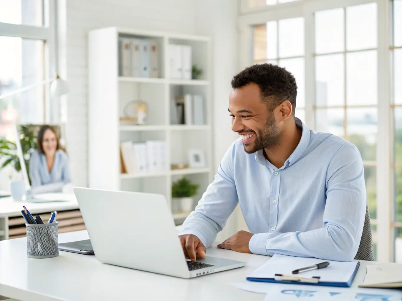 A dedicated OnDeckClone account manager providing personalized support to a communications business owner, emphasizing the company's commitment to customer service.