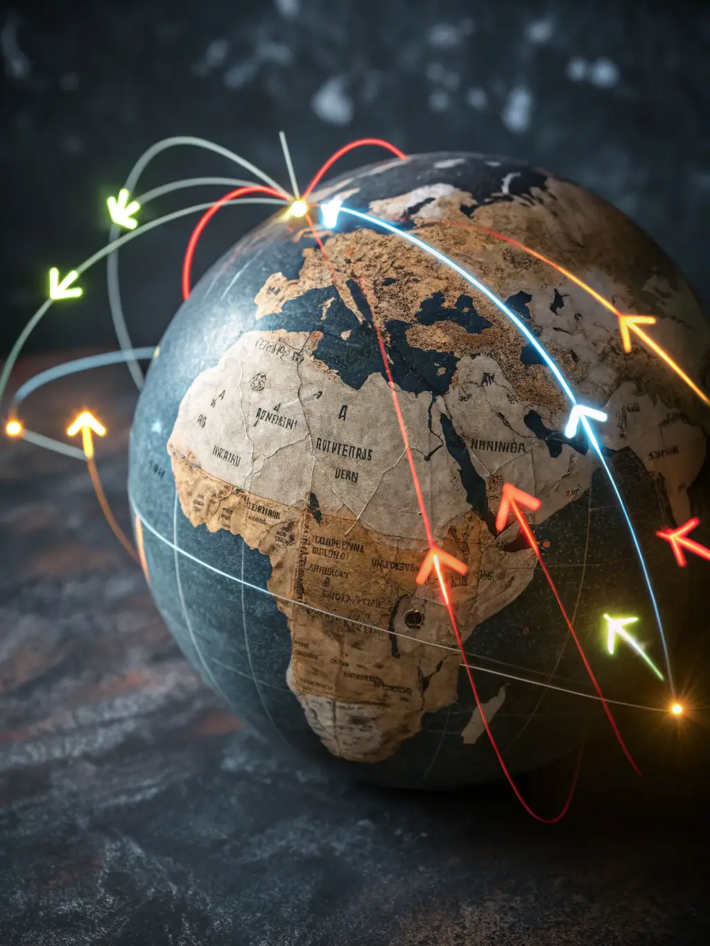 An image depicting a globe with trade routes highlighted, symbolizing international commerce and the flow of goods across borders.