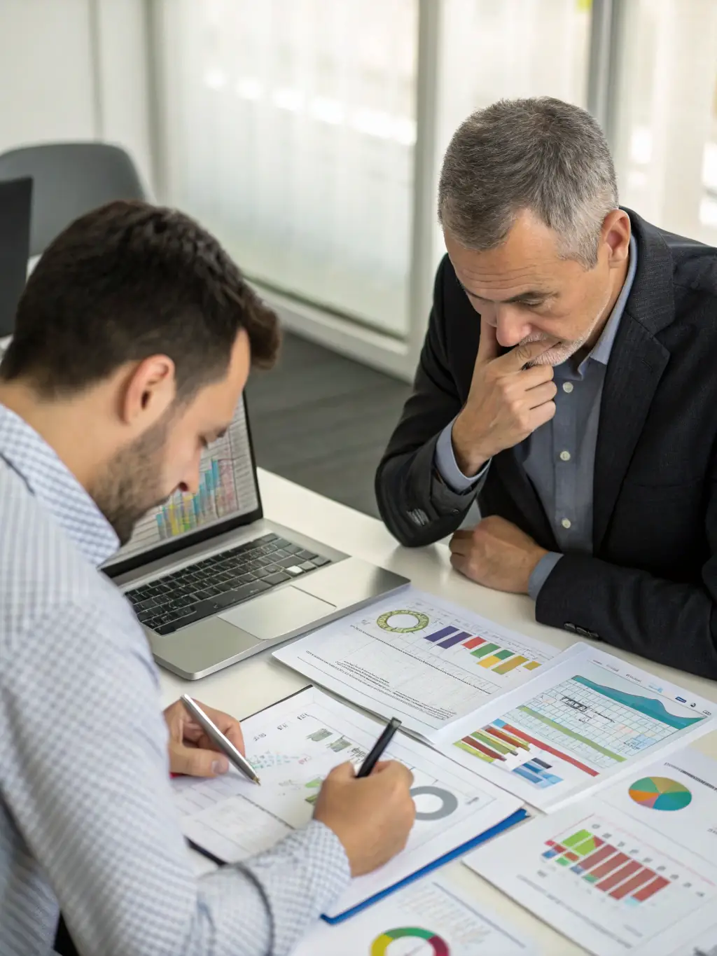 A fuel delivery company owner reviewing financial reports with a Mulah representative, showcasing partnership and financial planning.