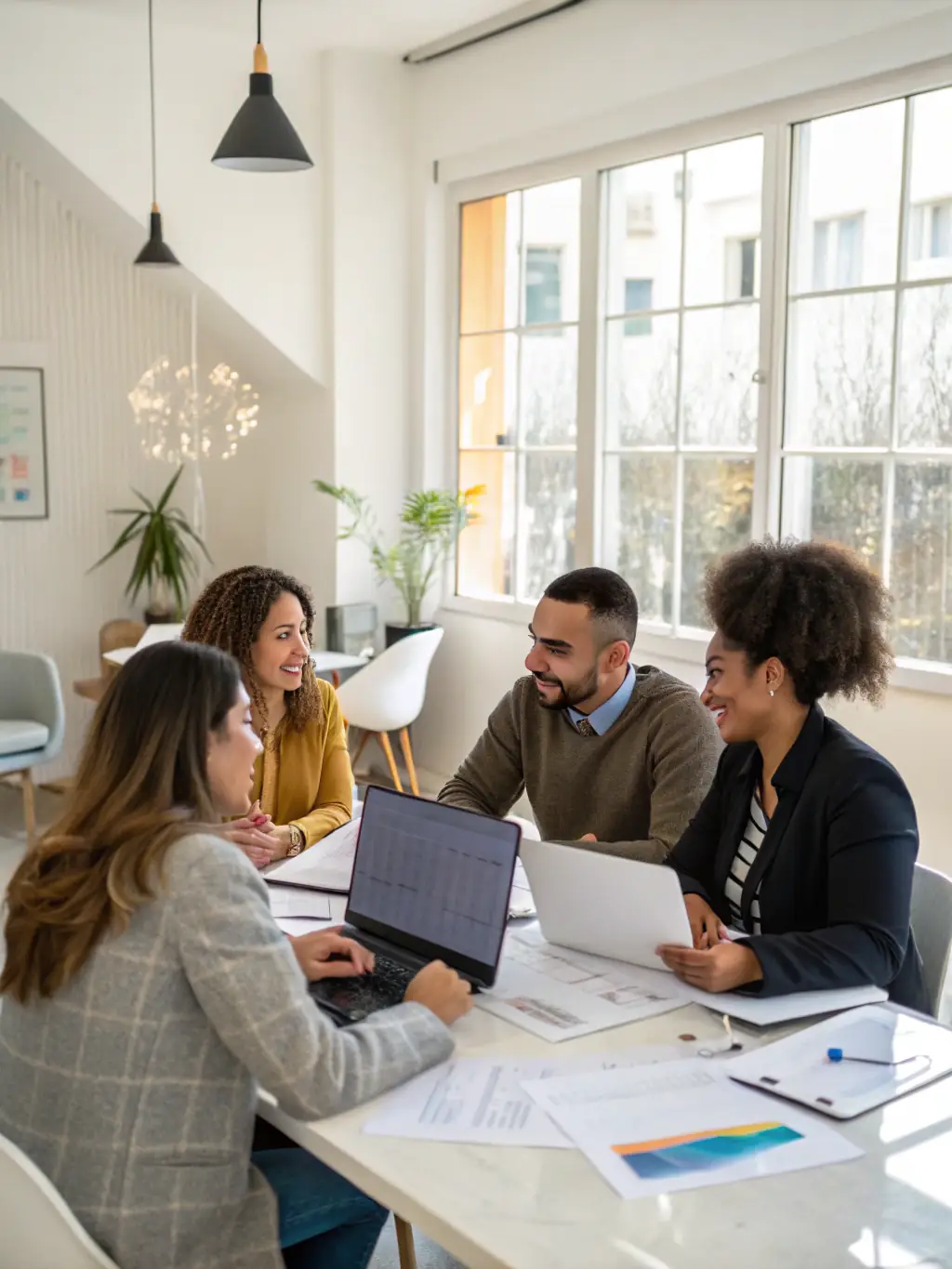 A photograph of a diverse team of financial professionals collaborating in a modern office setting, conveying trust and reliability.