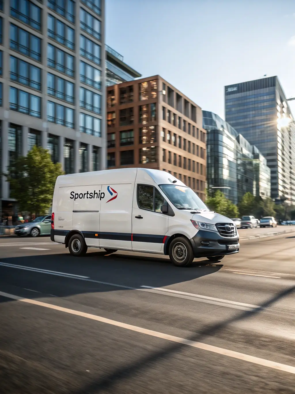 A professional photograph of a courier van speeding down a city street, symbolizing fast and efficient service, used to illustrate the benefit of quick access to funding.