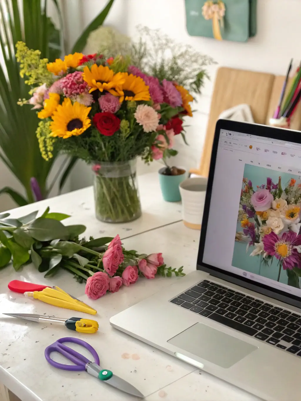 A florist using a tablet to manage orders and inventory in a modern flower shop, demonstrating the integration of technology in the business.
