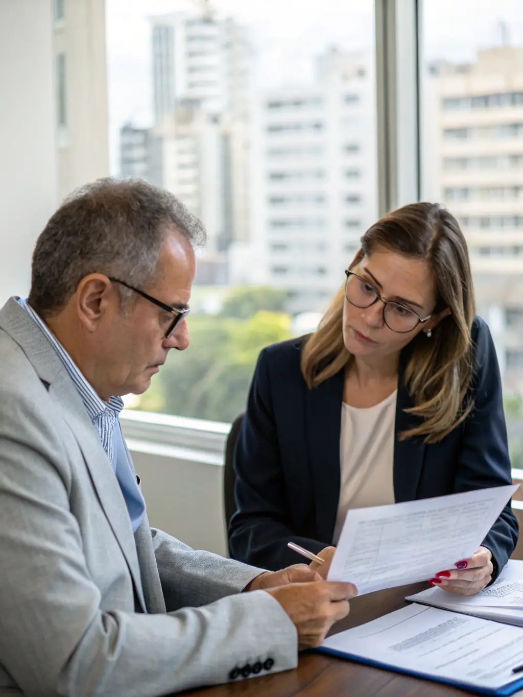 A professional photo of a home healthcare agency owner reviewing financial documents with a Mulah advisor, symbolizing strategic financial planning.