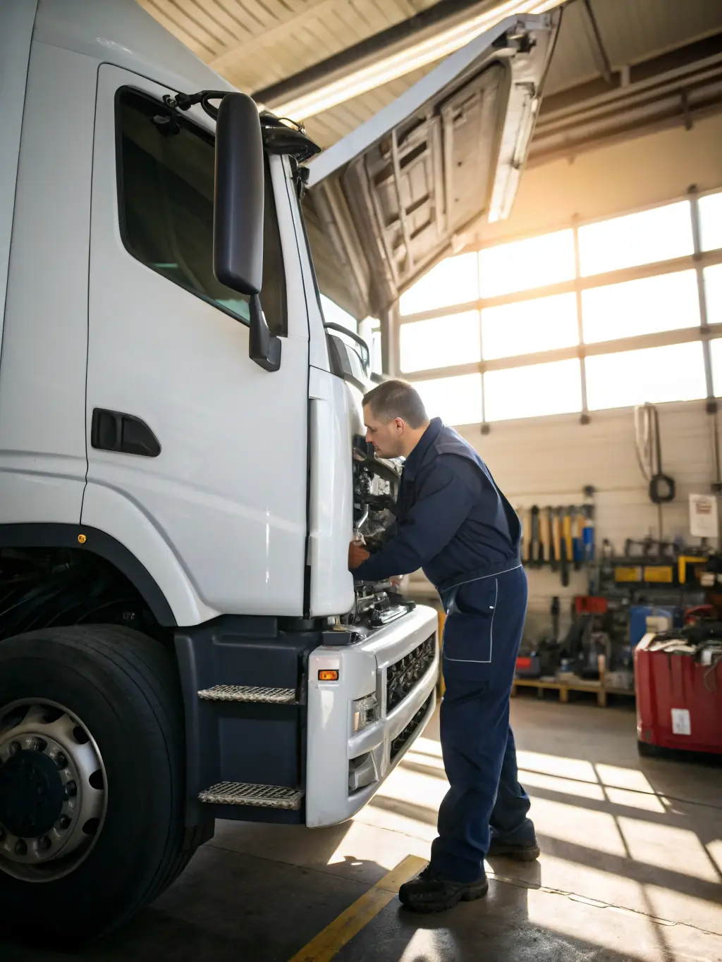 A fuel truck driver carefully checking the fuel levels in the tank before making a delivery to a construction site, emphasizing precision and reliability.