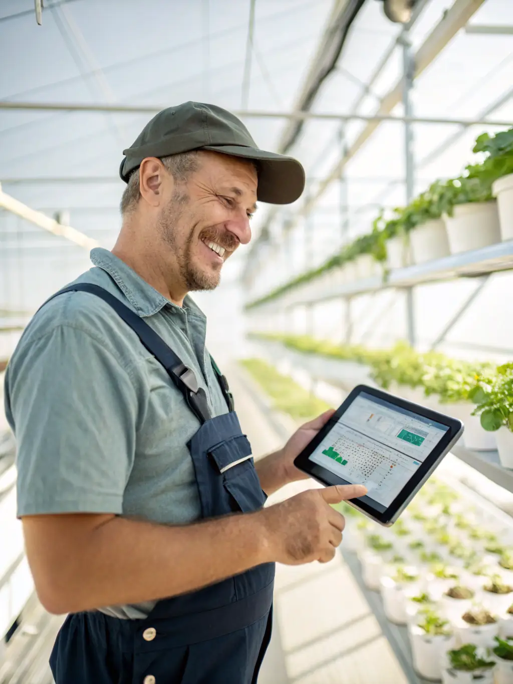 A farmer standing in a lush green field, smiling confidently while holding a tablet displaying financial data, symbolizing the ease of managing finances with Mulah.
