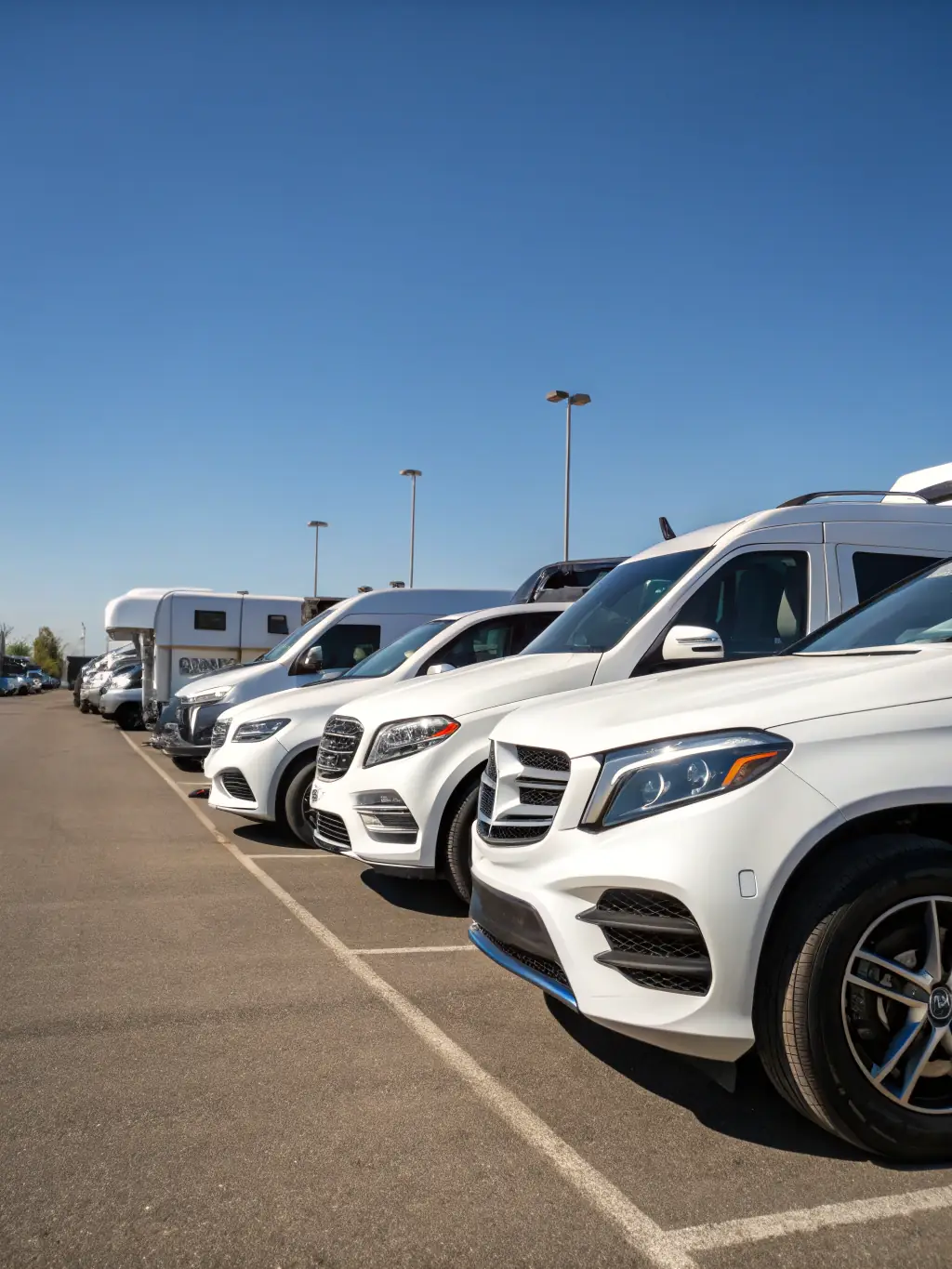 A well-maintained fleet of rental cars parked neatly in a row, symbolizing reliability and customer satisfaction.