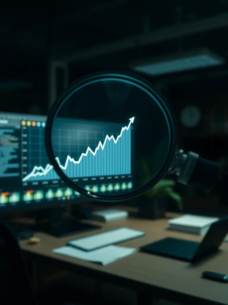 A graph showing upward trending growth in the electronics sector, with a magnifying glass focusing on the positive trajectory.