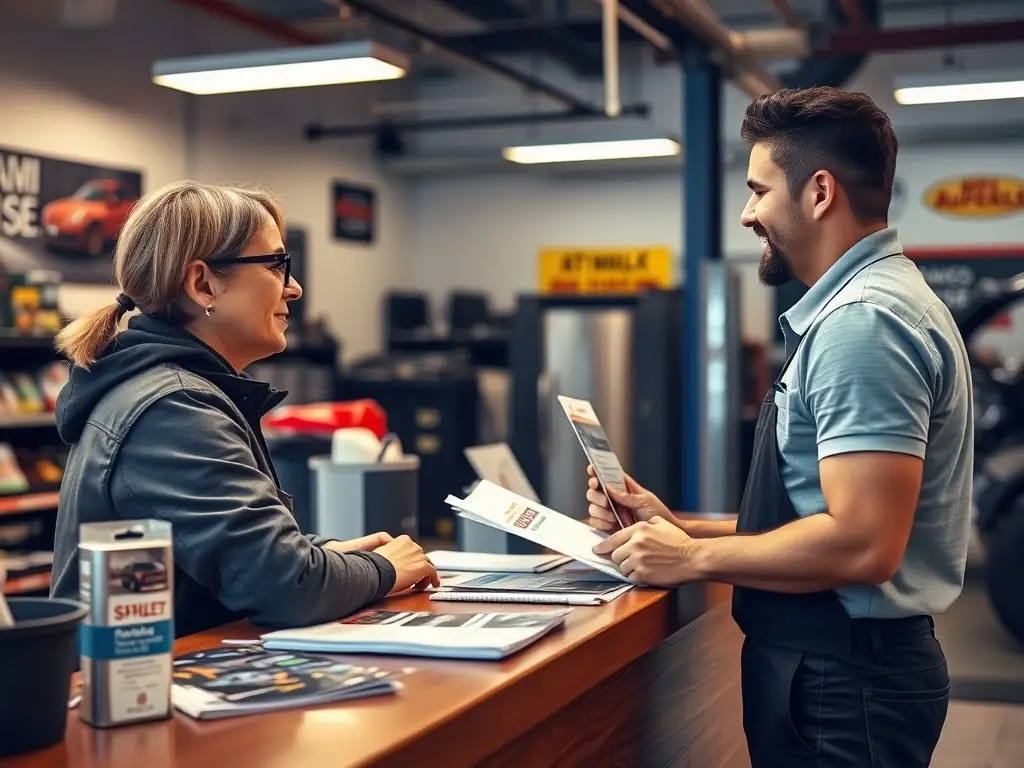 A clean and organized auto repair shop office with a friendly staff member assisting a customer. The scene conveys trust and professionalism.