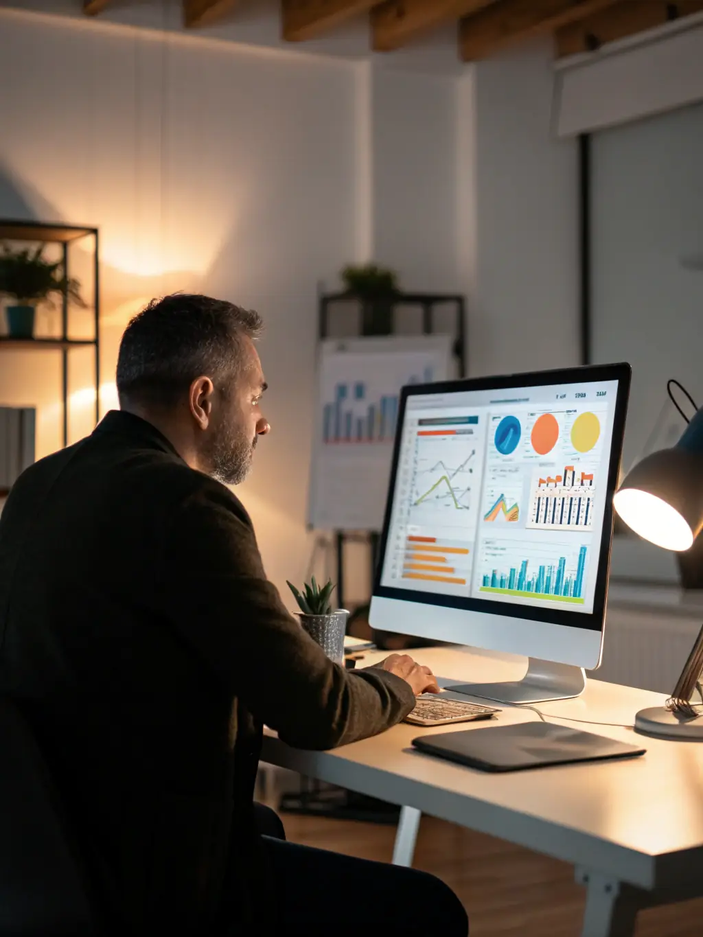 A cleaning business owner reviewing financial documents at a desk, with a laptop displaying financial charts.