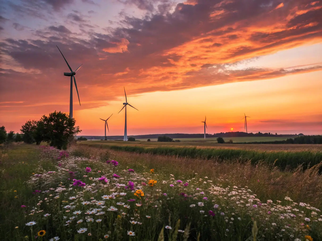 A professional photograph of a wind turbine farm at sunset, symbolizing renewable energy and sustainable business practices.