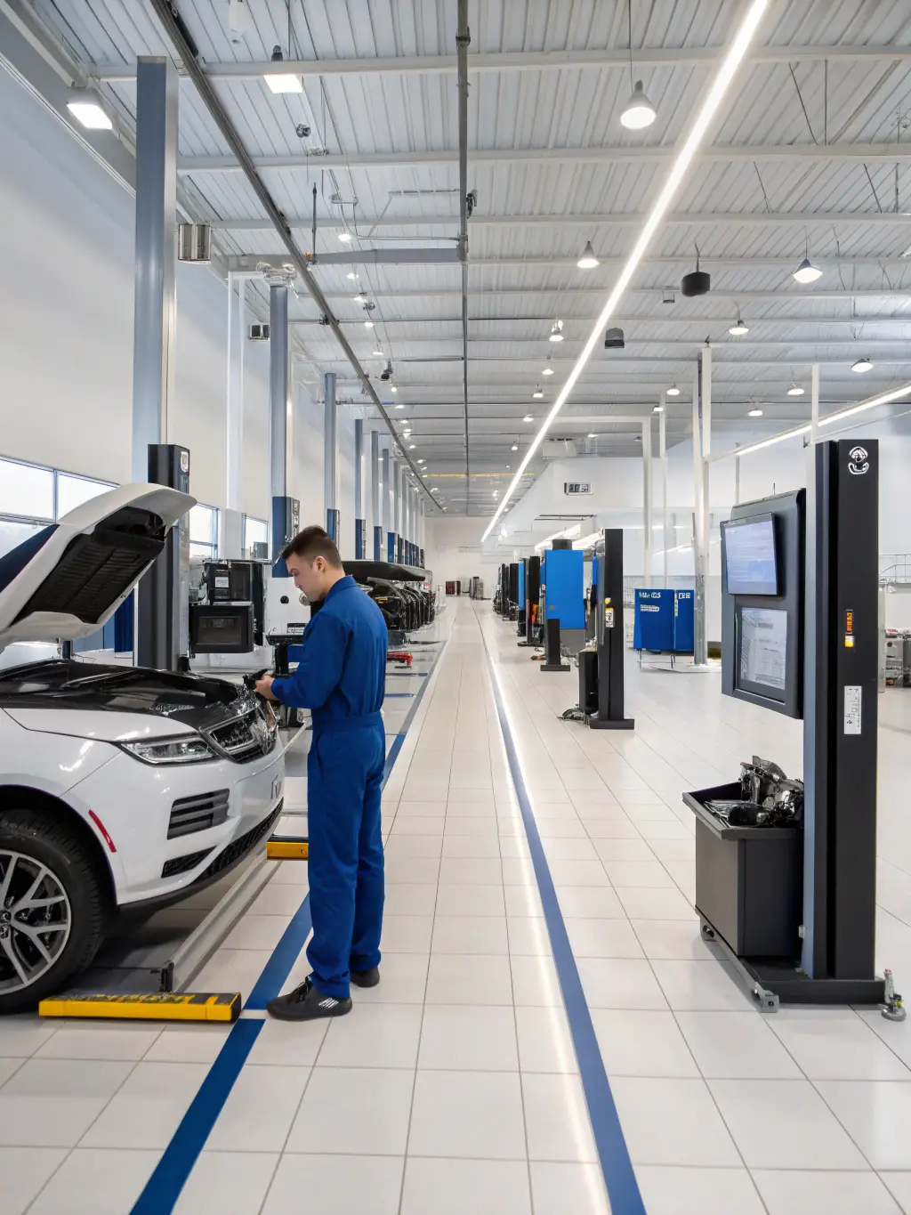 A busy auto repair shop with multiple bays, showcasing a variety of vehicles being serviced, highlighting the potential for growth with OnDeckClone's funding.