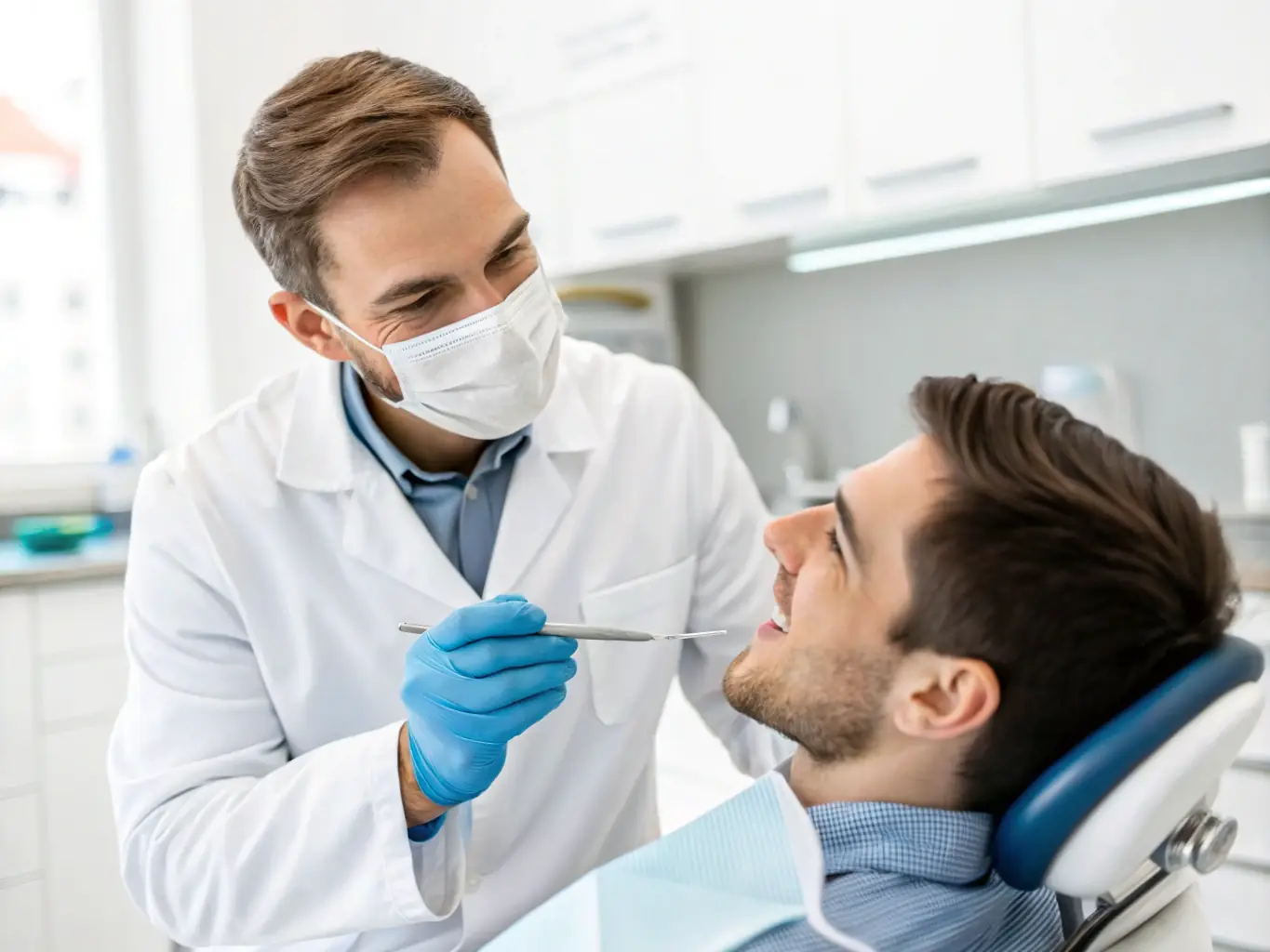 A dentist reviewing financial documents in a well-lit office, symbolizing working capital solutions for managing day-to-day expenses.