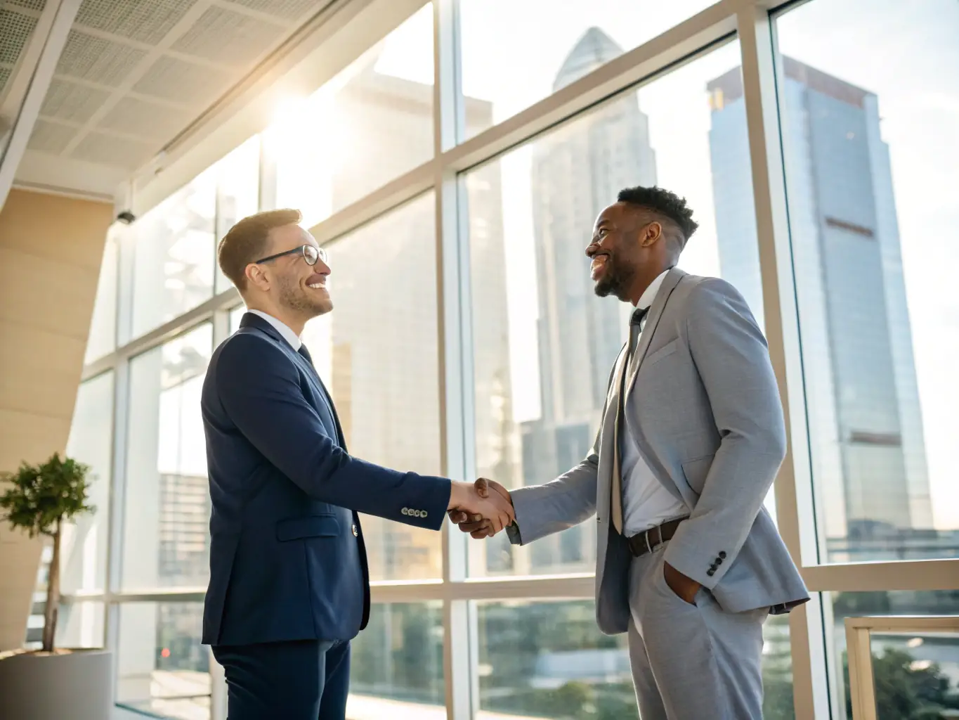 A professional businessman in a suit shaking hands with a government official in a well-lit office, symbolizing a successful partnership and funding agreement.