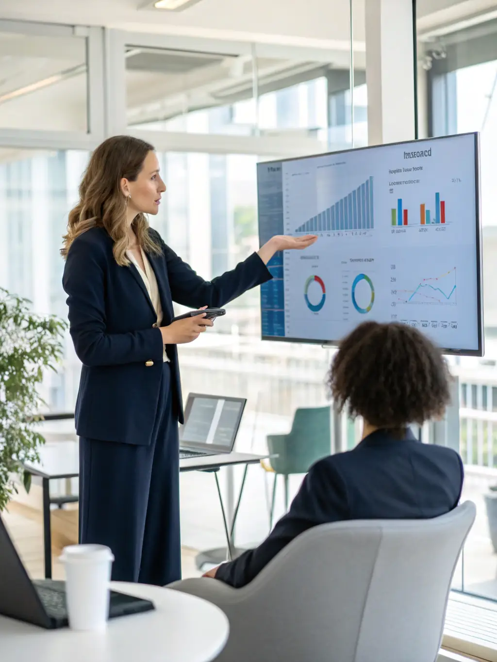 A consultant presenting a successful project outcome to a client, highlighting the positive impact of their work.