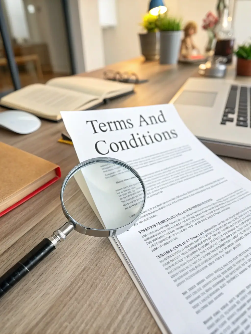 A close-up shot of a financial document with a magnifying glass over it, highlighting the details and transparency of Mulah's funding terms and conditions.