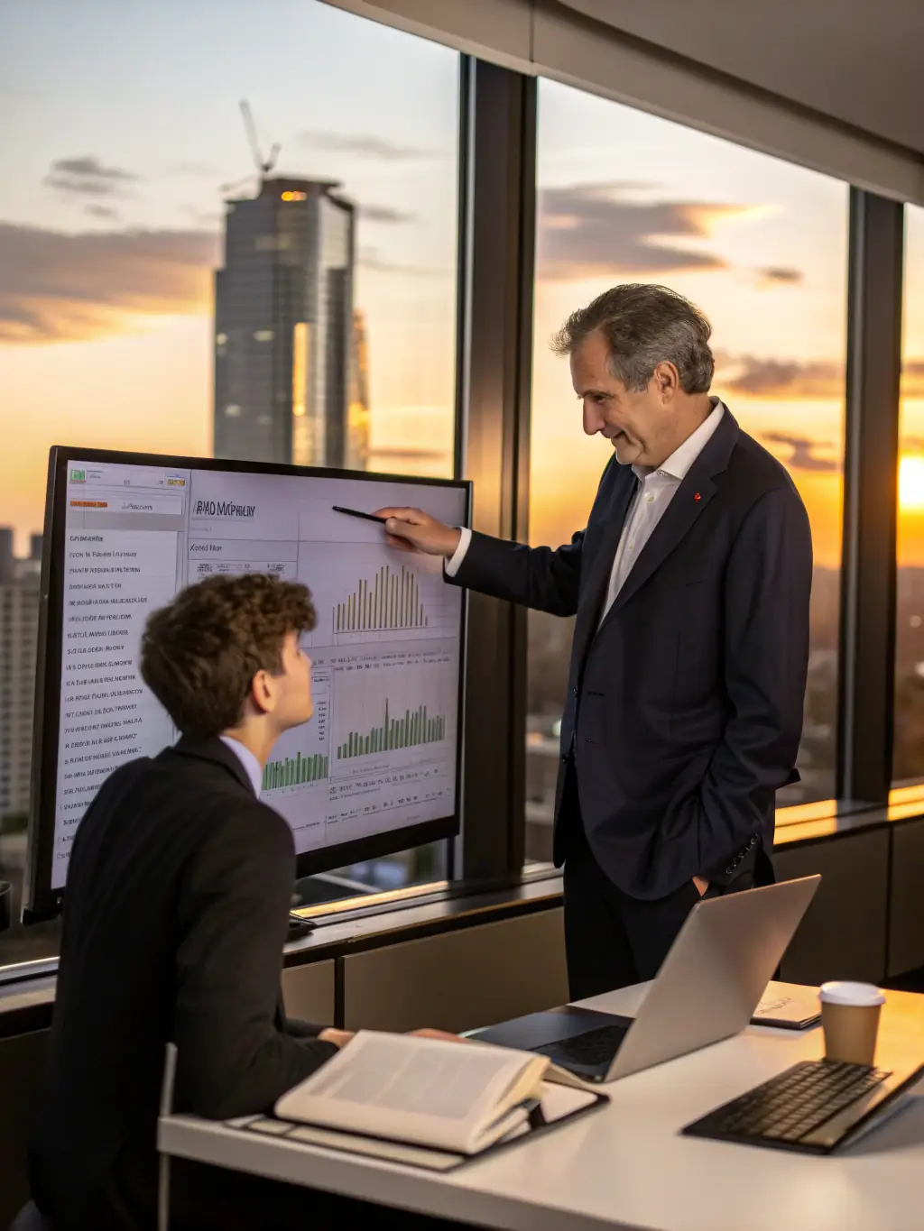 A financial advisor working with an engineering firm owner, illustrating the personalized support and guidance provided by Mulah throughout the funding process.