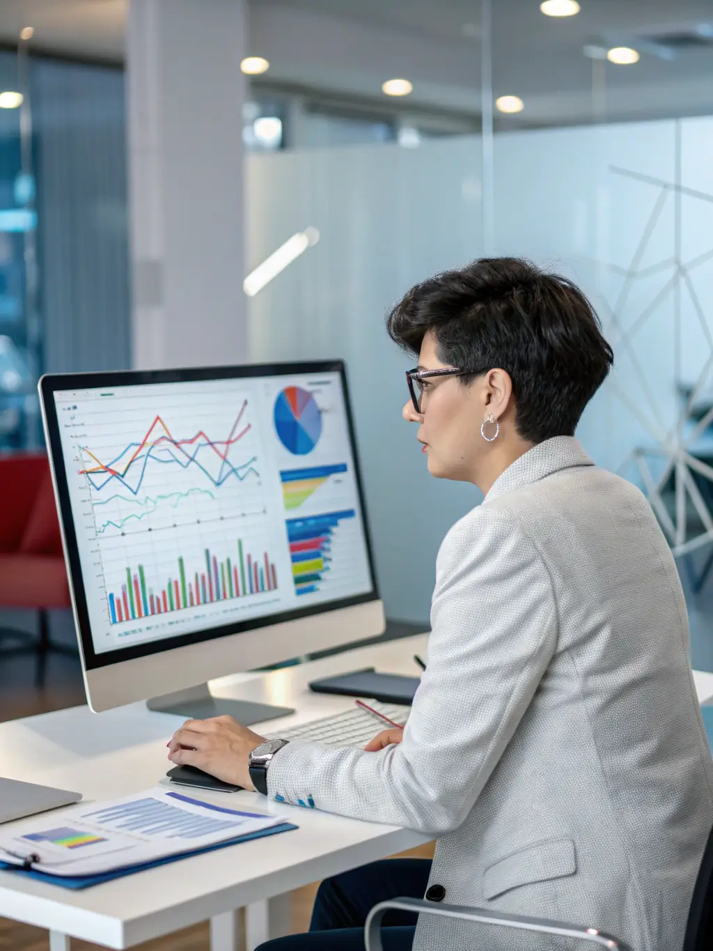 An OnDeckClone analyst reviewing financial documents and data on a computer screen, showcasing the evaluation process for funding eligibility.