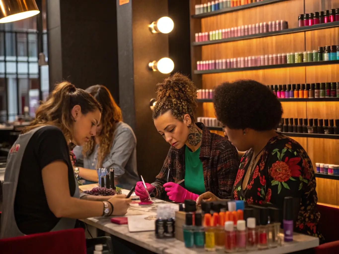 A diverse group of nail salon professionals collaborating and discussing business strategies, emphasizing Mulah's industry expertise.