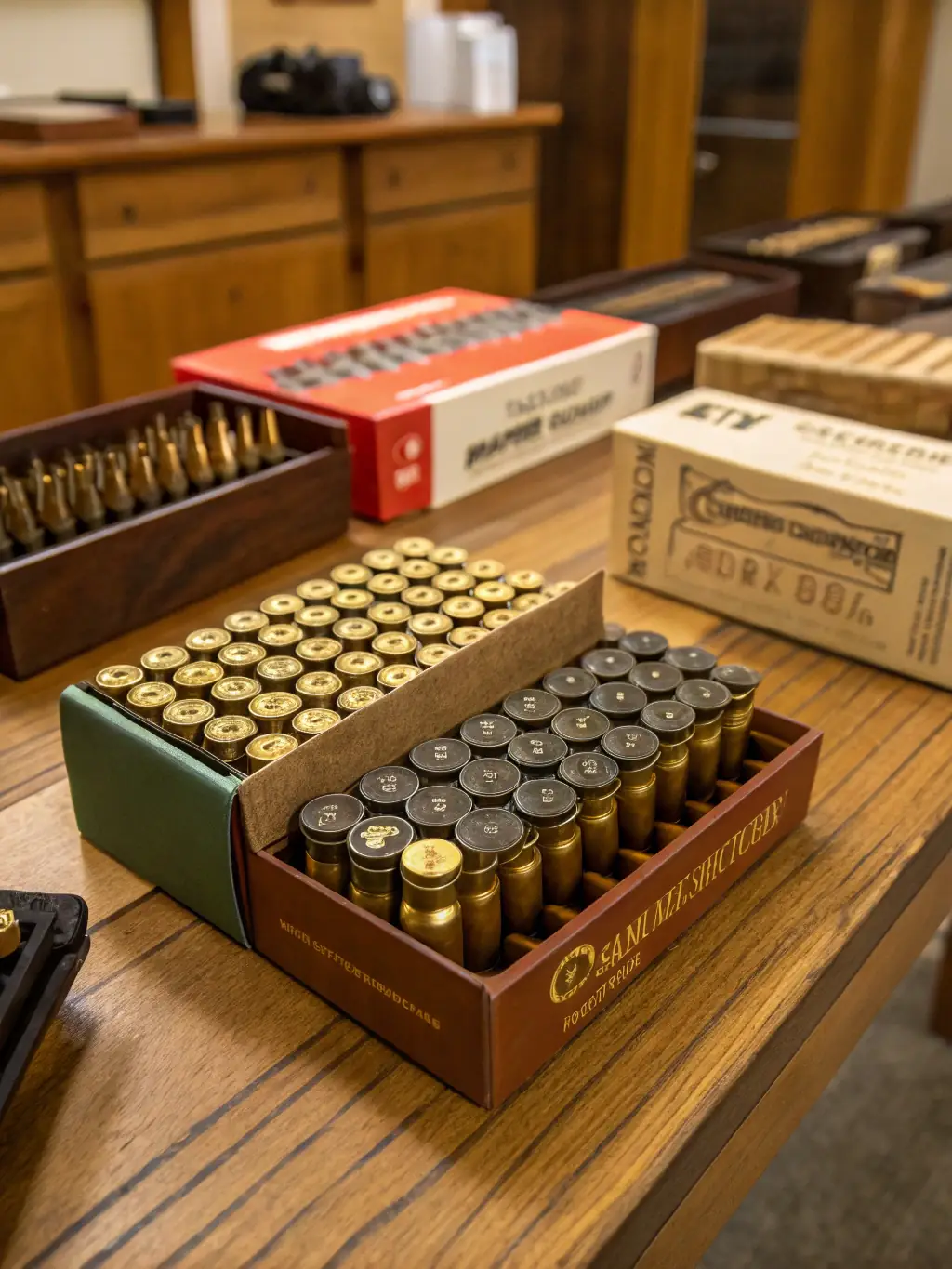 Ammunition products neatly arranged on shelves, representing efficient inventory management and optimized cash flow through Mulah's funding.