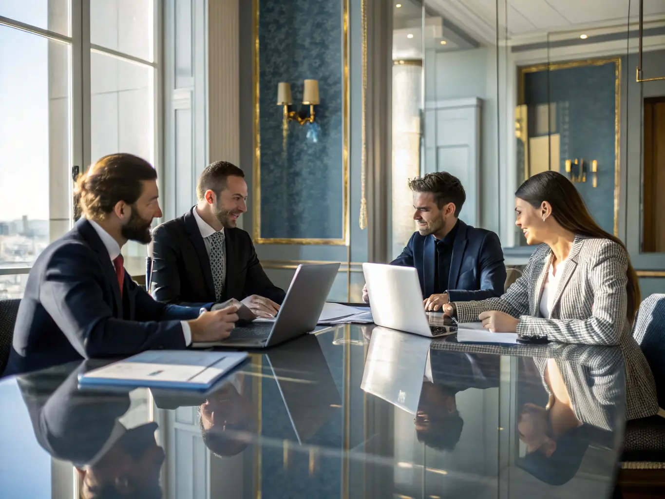 A diverse group of banking professionals collaborating in a modern workspace, emphasizing Mulah's commitment to partnership and client success.