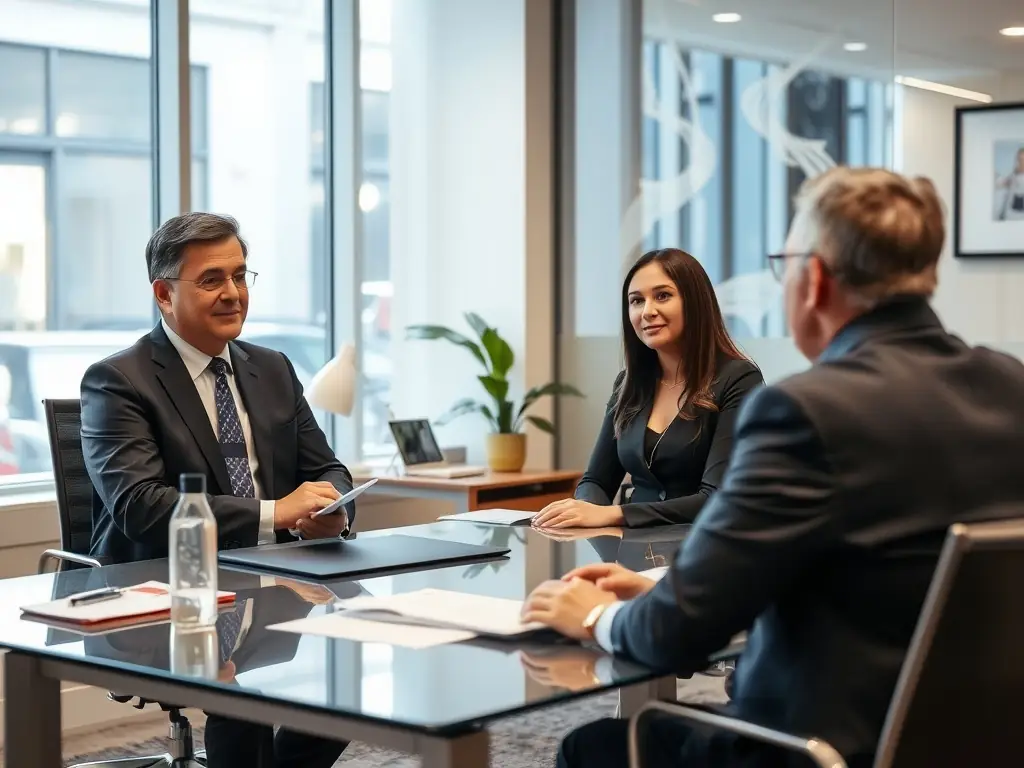 A professional insurance agent reviewing financial documents in a modern office setting, symbolizing trust and expertise.