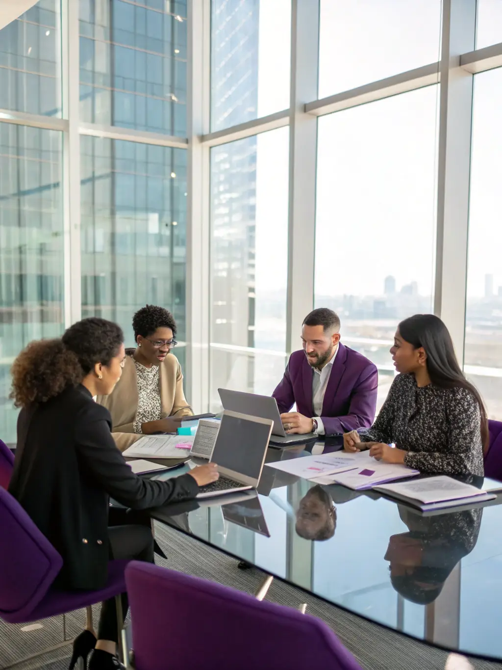 An image of a diverse group of people collaborating in a modern office setting, representing the collaborative and supportive approach of OnDeckClone's financial services.