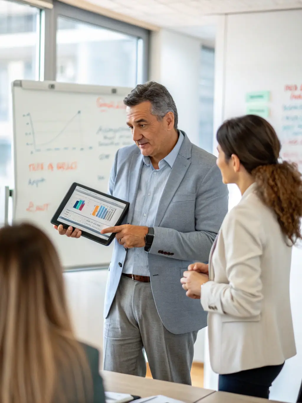 A professional business consultant advising a client in a modern office setting, emphasizing strategic financial planning and growth opportunities.