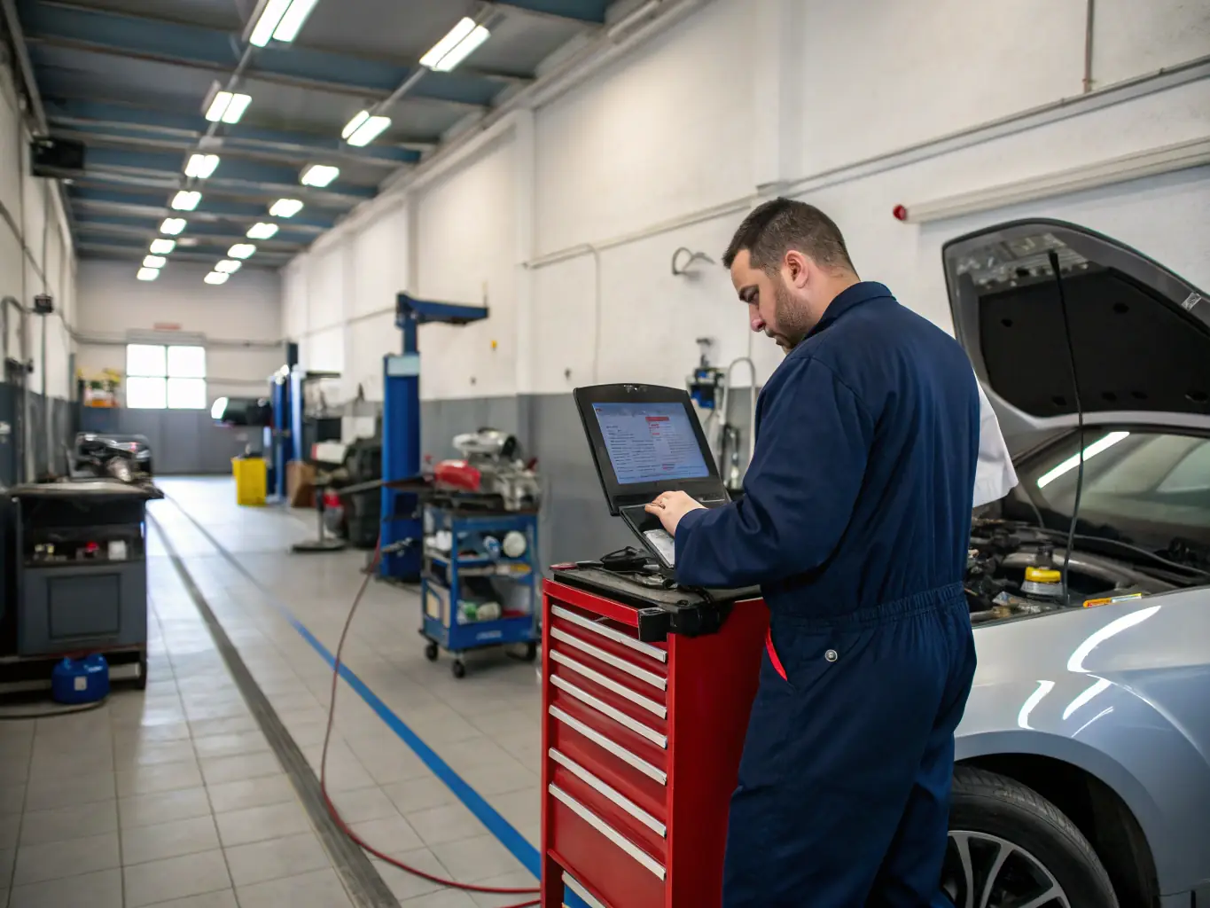 A professional mechanic in a well-lit repair shop, using a diagnostic tool on a piece of heavy machinery, showcasing the need for specialized equipment funding.
