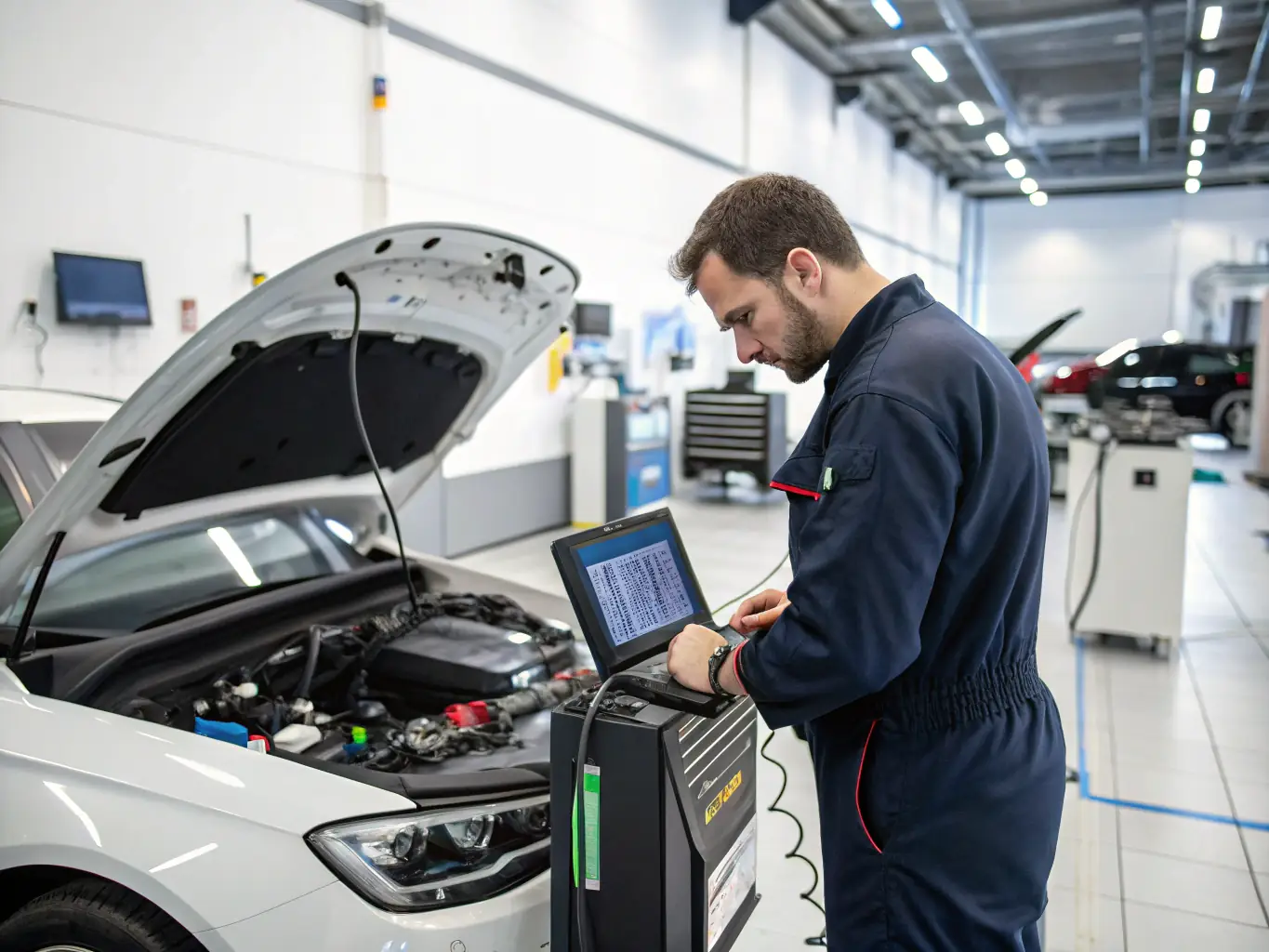 A mechanic using a tablet to diagnose a car issue, highlighting the integration of technology in modern auto repair services.