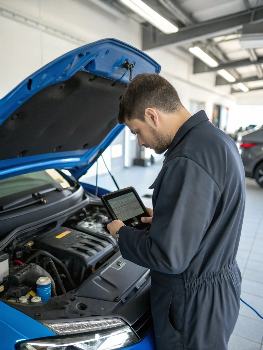 A professional mechanic in a clean, well-lit auto repair shop, confidently using a tablet to manage finances, showcasing the integration of technology and financial management.