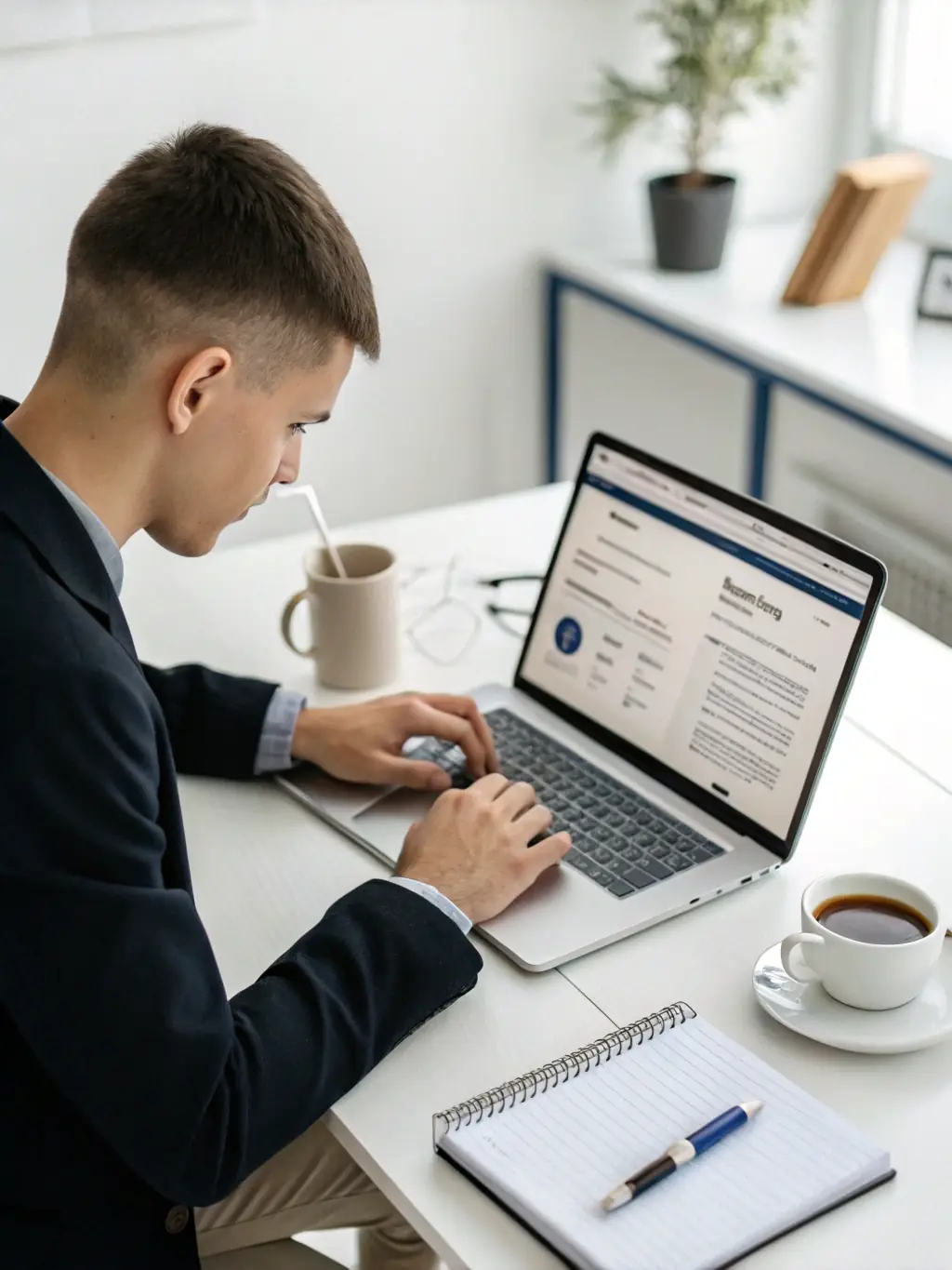 A close-up shot of a government contractor filling out an online application form on a laptop, with a focused expression and a well-lit workspace.