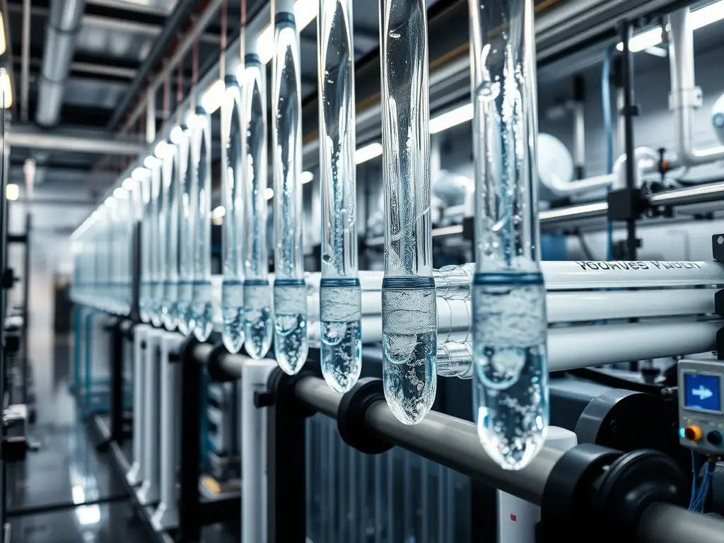 A high-resolution image of a water purification plant, showcasing advanced technology and clean water resources.