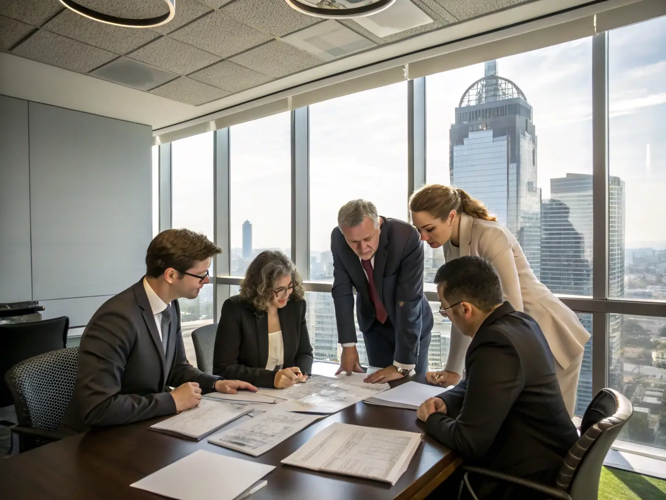 A team of investigators collaborating on a case in a modern office, highlighting the ability to expand operations and hire skilled personnel.