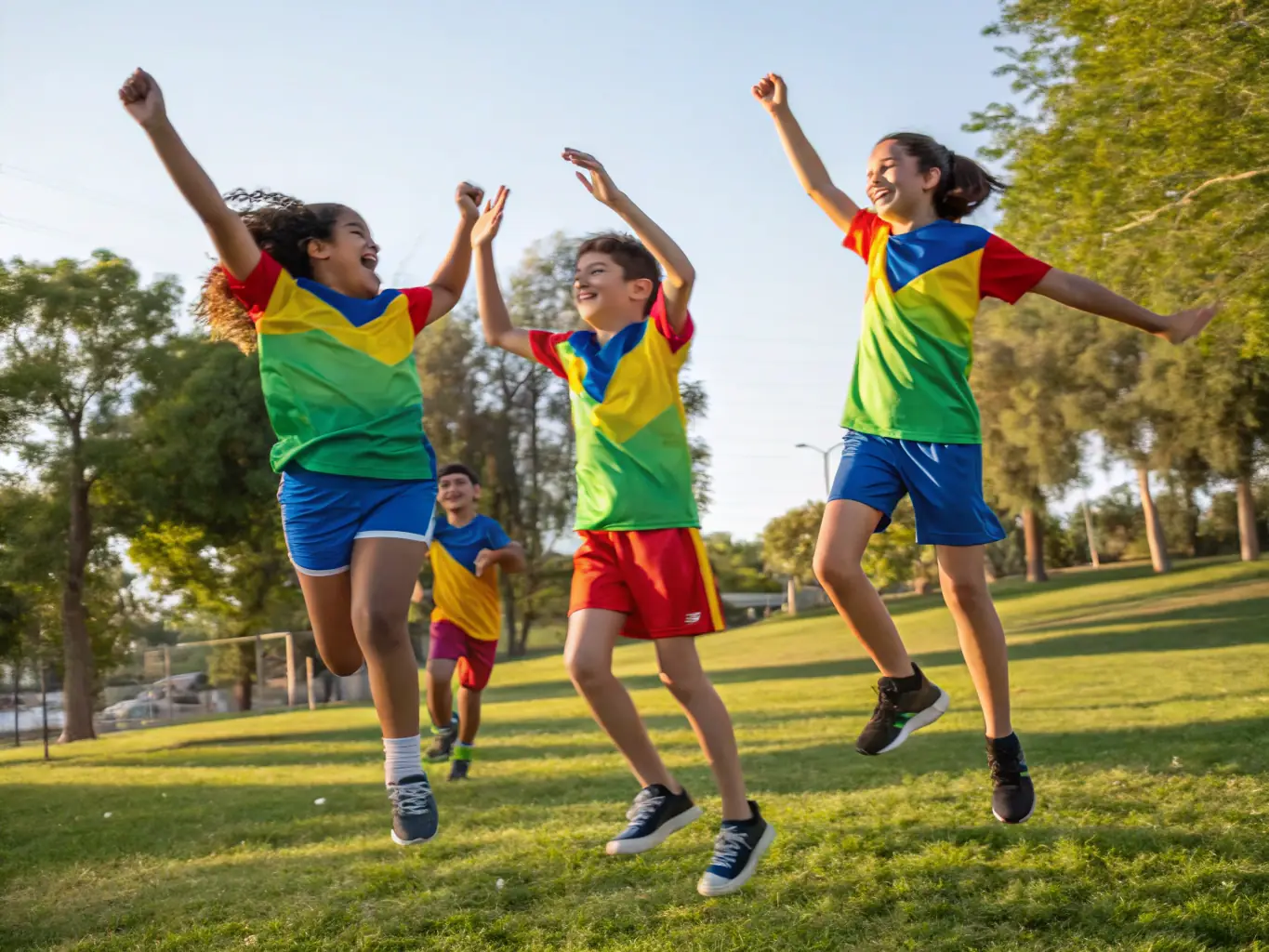 A vibrant image showcasing a diverse group of young athletes celebrating a victory on a well-maintained sports field, symbolizing the success and growth that Mulah's funding can enable for sports clubs.