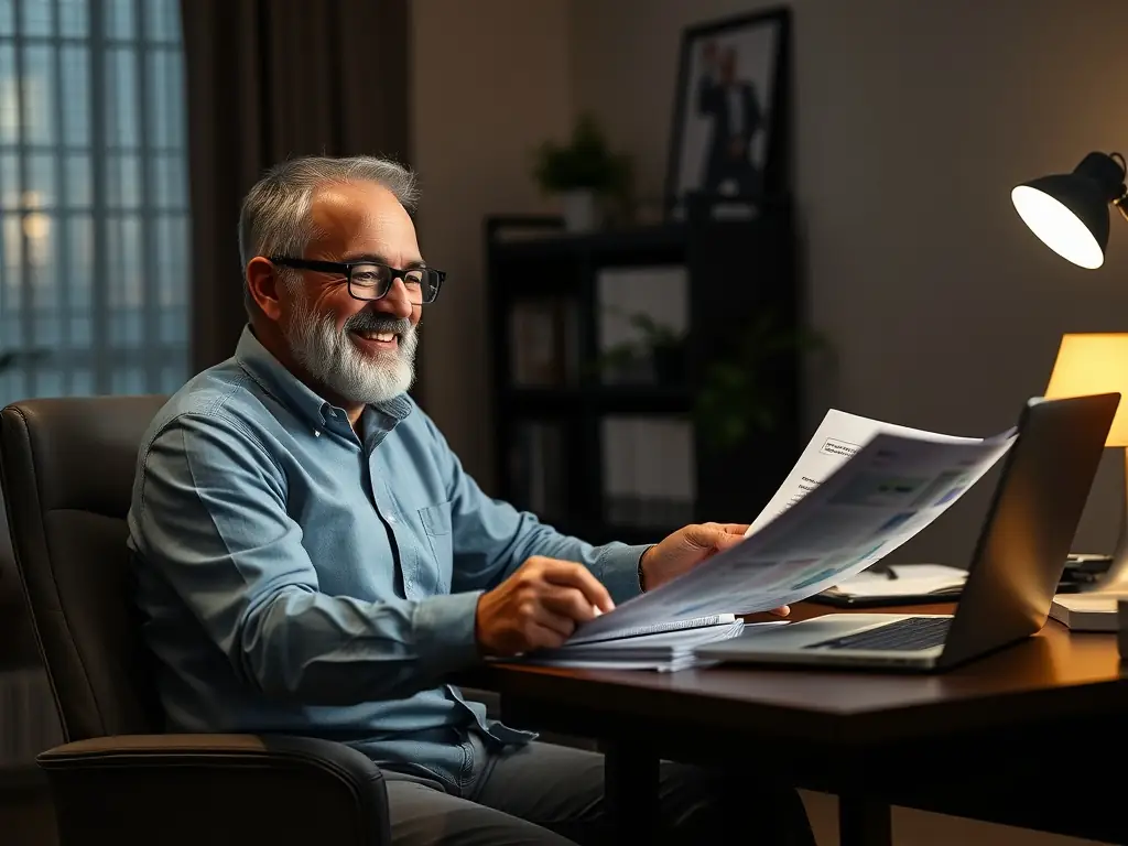A close-up shot of a business owner smiling while reviewing financial documents, highlighting the ease and satisfaction of working with Mulah.