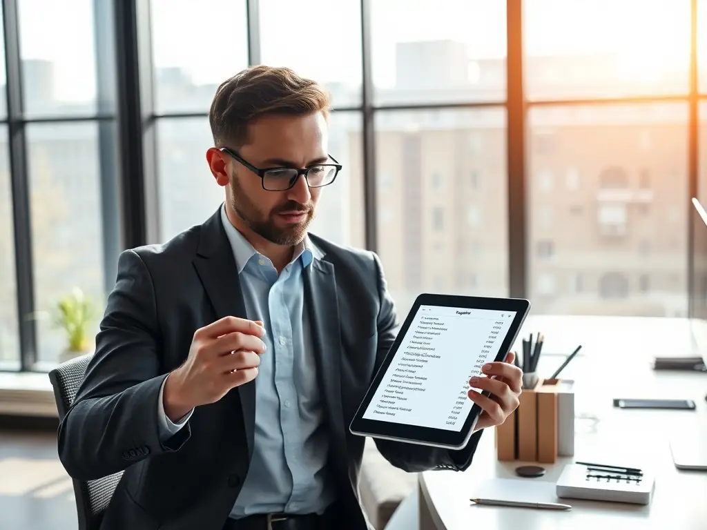 A professional equipment seller reviewing funding options on a tablet in a modern office setting, showcasing Mulah's user-friendly interface.